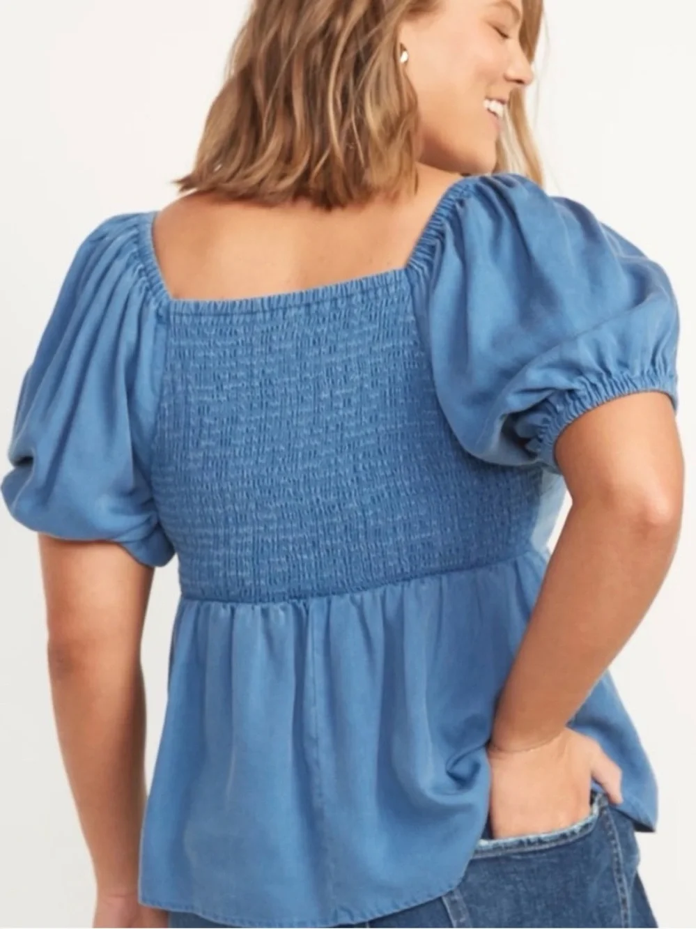 Old Navy Puff-Sleeve Smocked Babydoll Distressed Washed Blouse